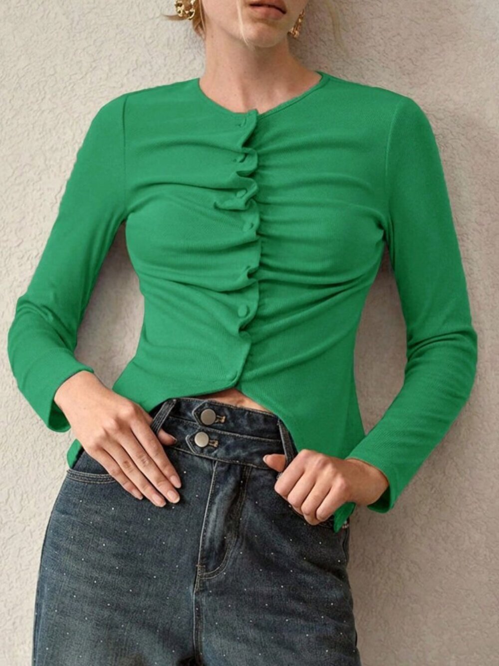 Green Casual Women's Ruched Knit Long Sleeve T-Shirt Top - Picture 4 of 6